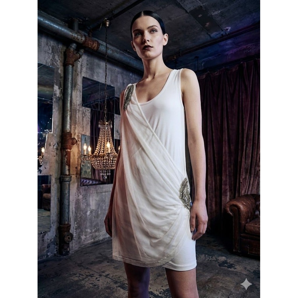 Faith Connexion White Draped‎ Mesh Mini Dress Beaded Embellished S Goddesscore